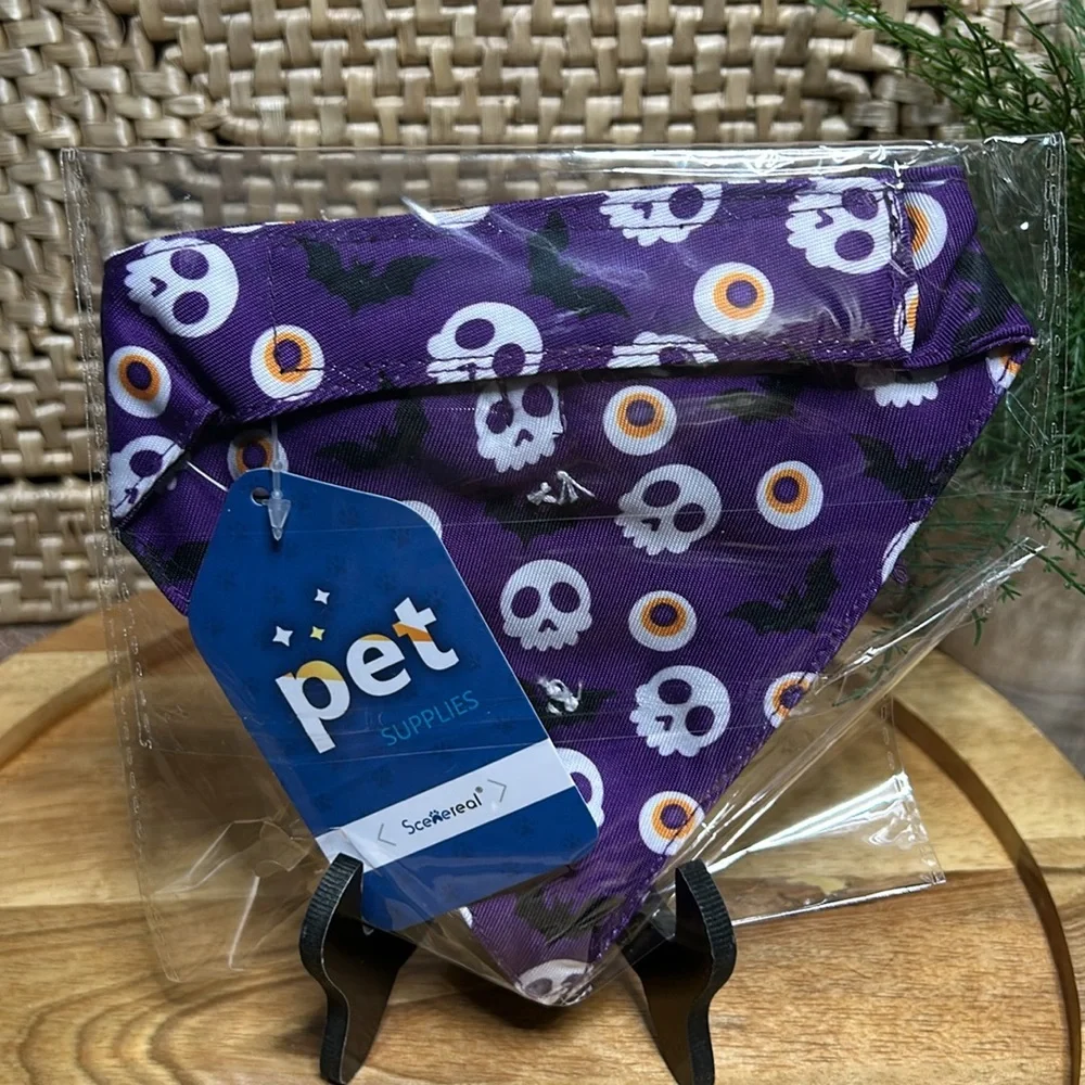 Halloween Skull and Bat Bandana with Orange Bow Tie small